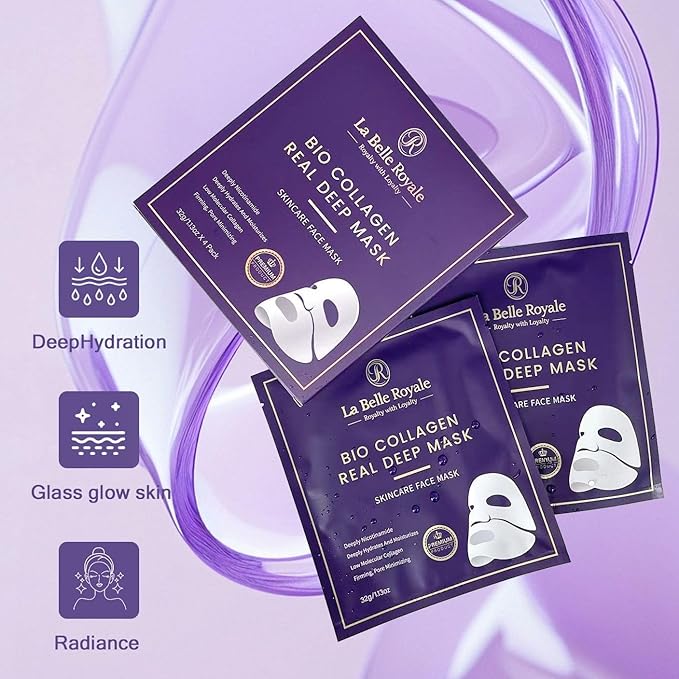 Bio Collagen Face Mask – Real Deep Hydrating & Anti-Aging Overnight Korean Sheet Mask with Hyaluronic Acid for Glowing, Pore Minimizing Skin - 4 Pack for Women & All Skin Types