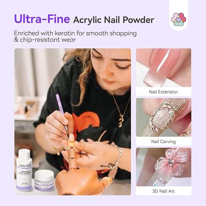 SAVILAND Acrylic Nail Kit for Beginners: 30g Clear Acrylic Powder and Liquid Set with Brush Forms Manicure Tools Extension Nails Kit Beginner with Everything for Home DIY Nail Art Salon