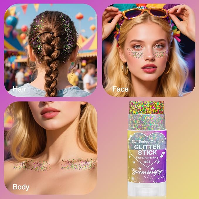 Mardi Gras Gold Hair Glitter Stick,Purple Green Face Body Glitter Makeup,Waterproof Carnival Costume Outfits for Women & Kids,Mardi Gras Accessories Singer Concerts Chunky Glitter