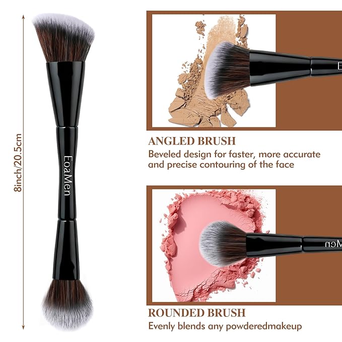 Blush Brush, Dual-Ended Foundation Makeup Brush for Contouring, Blending, and Bronzing(Angled & Round), Angled Contoured for Flawless Face Foundation, Vegan & Cruelty-Free