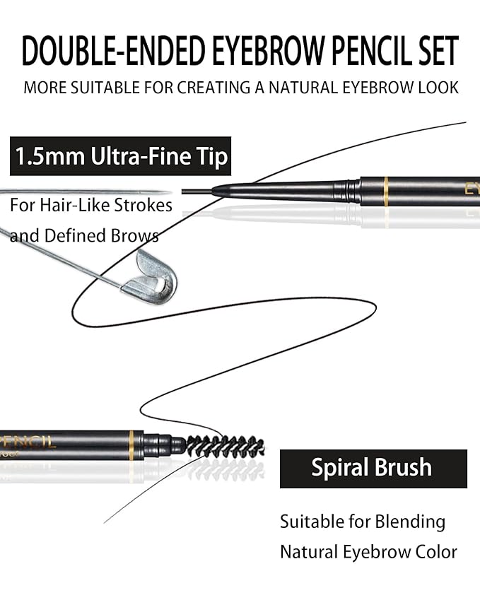 SUMEITANG Black Eyebrow Pencils for Women, 12Pcs Ultra Slim Eyebrow Pencil with 2 Brow Razors Kit, Double Head 1.5mm Micro-Fine Tip & Spiral Brush, Can Draw Fine and Long-Lasting Brows Makeup