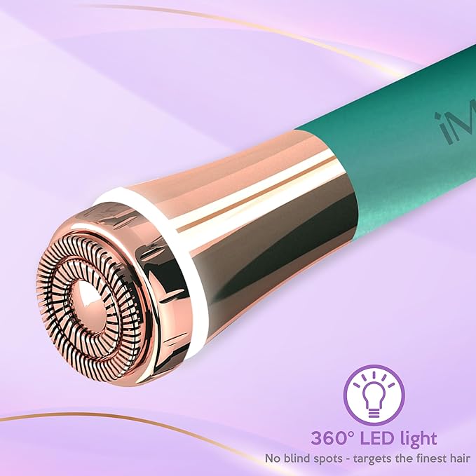 iMusthav Facial Hair Remover for Women – Painless 16mm Dual Ring Floating Head Blade, Portable, Electric Razor & Epilator for Flawless Face, Lips & Chin – with 18K Gold-Plated Head, 360° LED Light