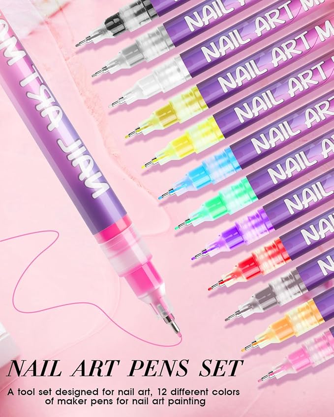 EarTycoon 12 Colors Nail Art Pens Set, Fine Tip 0.5mm, Portable Nail Art Tools for Home Salon, for Beginners and Veterans, DIY Decoration for Adult, for Christmas Gifts(12pcs)
