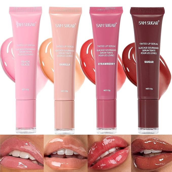 SAM SUGAR 4pcs Lip Balm Hydrating Tinted Lip Gloss Set Moisturizing Lip Butter Balm with Natural Shine Non-Sticky Lip Care for Dry Lips