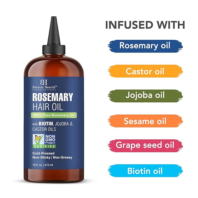Botanic Hearth Hair Oil for Hair Growth | Rosemary Oil for Hair Growth with Biotin, Castor & Jojoba | Scalp Oil & Dry Scalp Treatment | Color Safe | All Hair Types | 16 Fl Oz