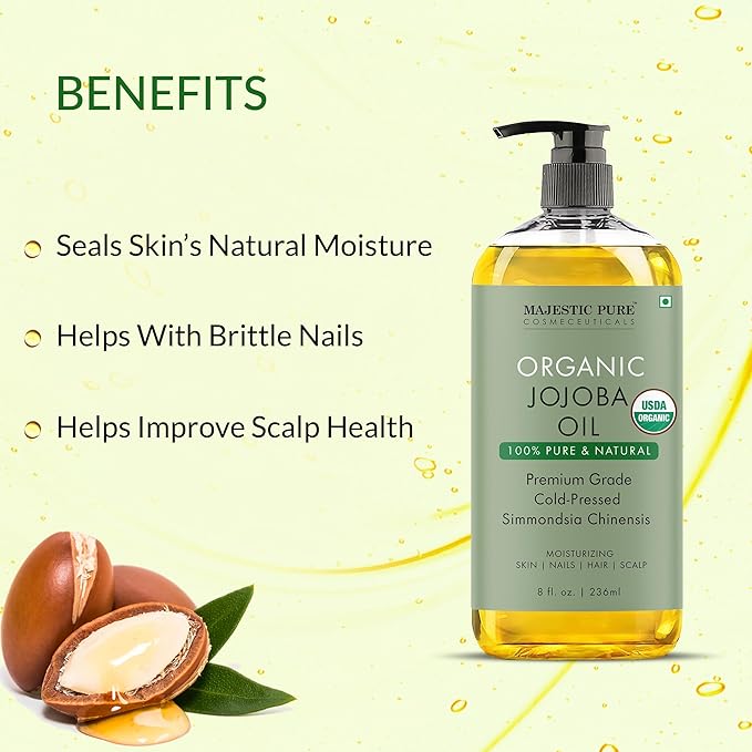 Majestic Pure USDA Organic Jojoba Oil - 100% Pure & Natural - Premium Grade, Cold-Pressed, Hexane-Free Carrier Oil for Skin, Hair and Body - Moisturizing Skin, Hair and Scalp - 8 Fl Oz