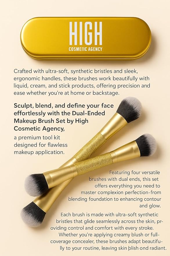 Dual-Ended Makeup Brush Set by High Cosmetic Agency – Professional 4-Piece Kit for Foundation, Blush, Bronzer & Concealer | Soft Bristles | Cream & Liquid Compatible.JUEGO DE BROCHA PARA MAQUILLAJE