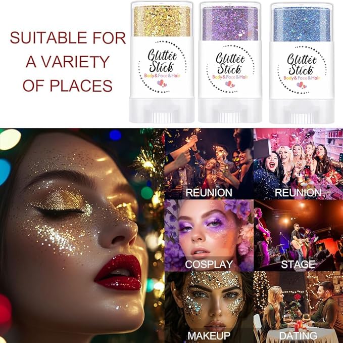 Body Glitter Stick, Holographic Sequins Christmas Hair & Face Glitter Makeup Neon Outfit Music Rave Festival Party Accessori. (Red & White & Green)