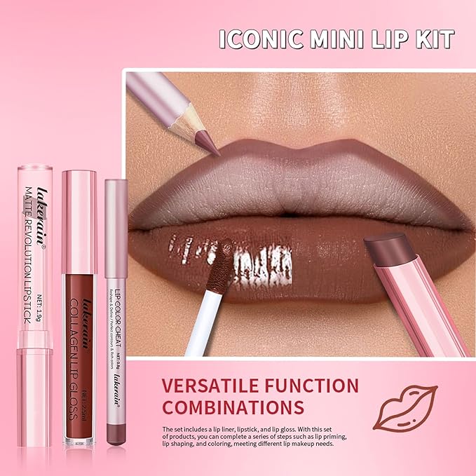 3PCS Lip Liner and Lipstick Combo Set - Matte Lip Liner Pencil, Velvet Matte Lipstick & Hydrating Collagen Lip Gloss - Long-Lasting, Smudge-Proof, Nude Brown Lip Makeup Kit (#3 Reddish Brown)