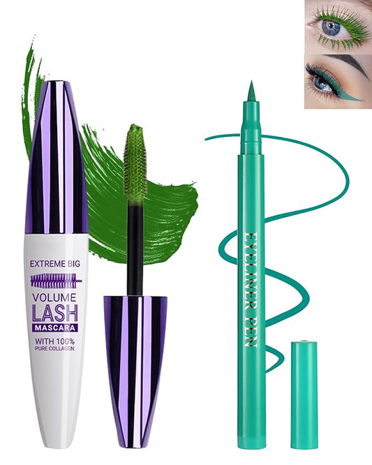 Green Waterproof Mascara & Eyeliner, 5D Silk Fiber Lash Extension Colored Tube Mascara Volume and Length,Long-Lasting Smudge-Proof Volumizing Colorful Máscara and Liquid Eyeliner Pen Set for Women
