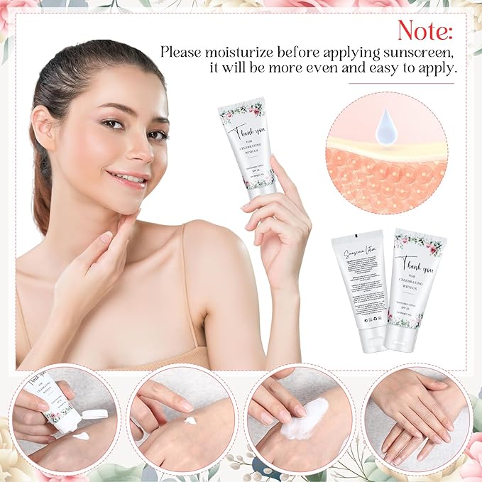 24 Pcs Mini Sunscreen Bulk for Summer Wedding Party Spf 30 Water Resistant Sunscreen Lotion Bulk 1oz Travel Size for Thank You Gifts Wedding Party Supplies(White Cream,Floral)