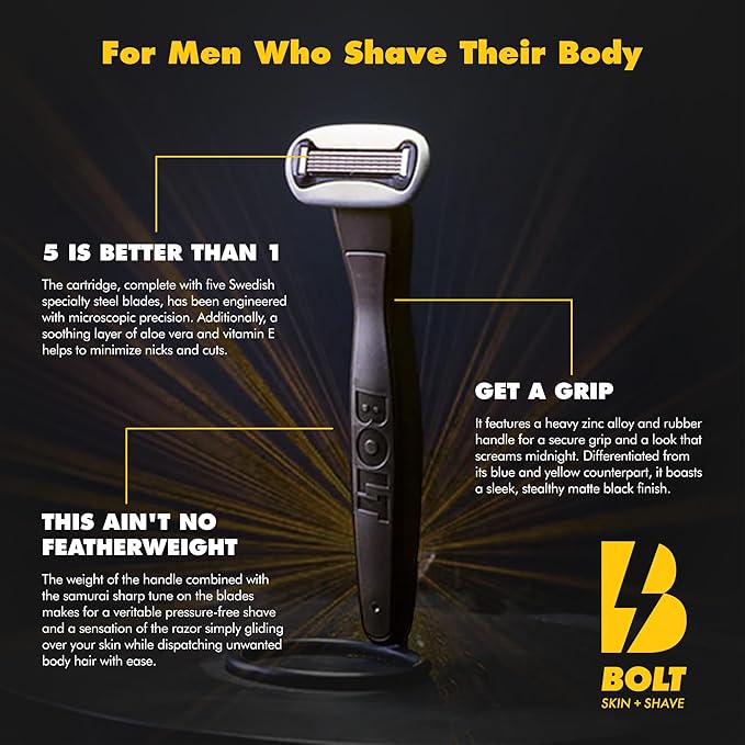 BOLT Skin + Shave - Starter Kit Black Edition - Performance Razor, Shave Butter & 3 Refill Cartridges - Smooth Shave for Body & Legs
