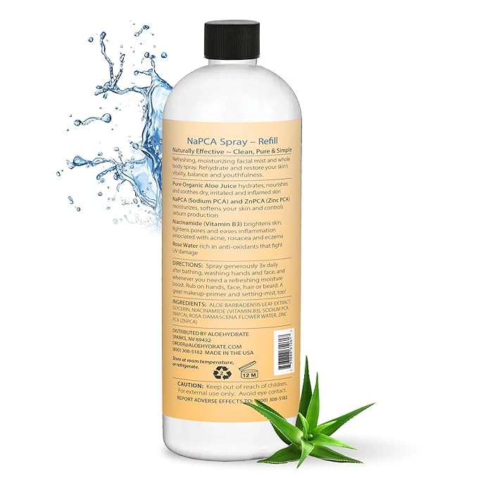 NaPCA Moisturizer Facial Mist; 2X Value Refill. Sodium PCA in Aloe vera Spray. Hydrating Face Mist & Toner - Lightweight Feel - Refresh, Sooth, Restore - Dry, Oily, Sensitive, Acne Prone Skin(500ml)
