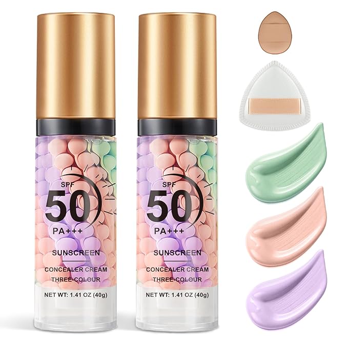 2PCS Color Correcting Primer Face Makeup with Powder Puff,Face Primer with SPF 50,Oil Control Primer Makeup,Hydrates and Moisturizes,Radiance Skin,Protector Solar Para La Cara Con Color