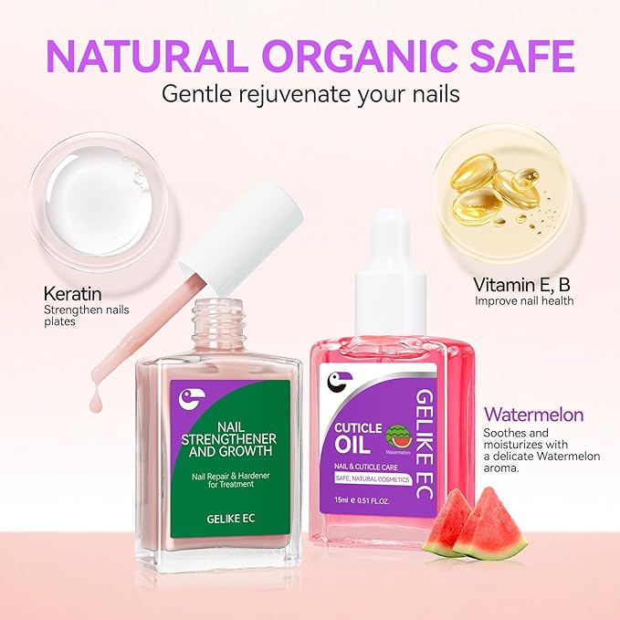 Gelike EC Professional Nail Care Kit: Nude Nail Growth Treatment & Watermelon Cuticle Oil (15ml) - Hydrating Protein Care for Dry Nails - Lightweight Non-Sticky - Perfect for Summer Manicures