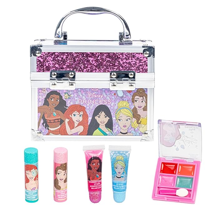 Disney Princess Beauty Mini Train Case Set Includes Lip Gloss Tube, Lip Balm, Lip Gloss Compact for Girls Party, Sleepovers by Townley Girl