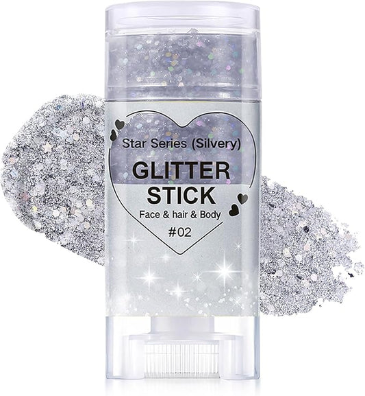Silver Body Glitter Stick, Halloween Face Glitter Makeup,Holographic Hair Glitters Mermaid Makeup Rave Outfits for Women, Shimmer Face Paint Stick for Christmas (Silver)