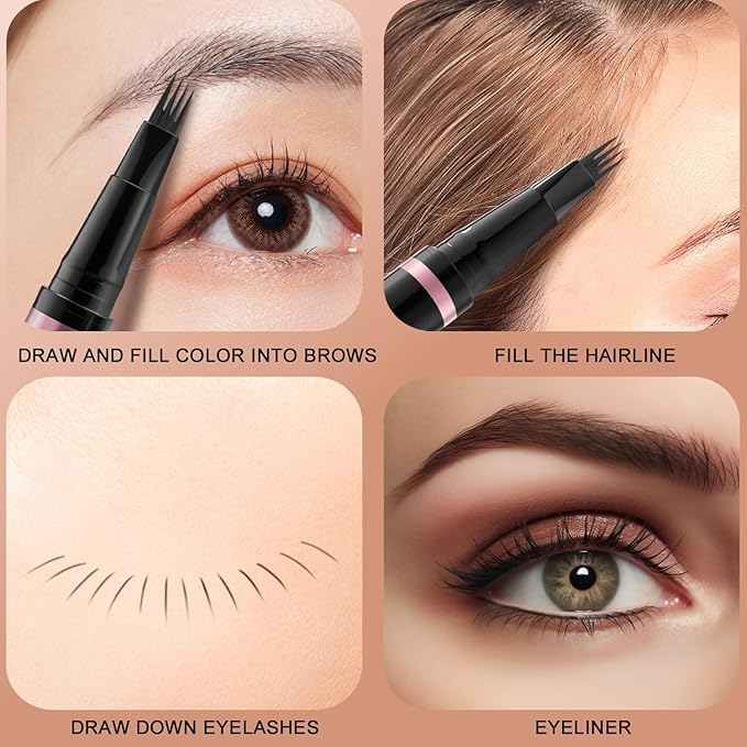 Eyebrow Pencil, 2-in-1 Waterproof Eyebrow Pen with 4 Tip Brow Pen and Ultra-Precise Brow Pencil, with Dual-ended Eyebrow Brush, Eyebrow Makeup for Natural Looking Eyebrows - Soft Brown