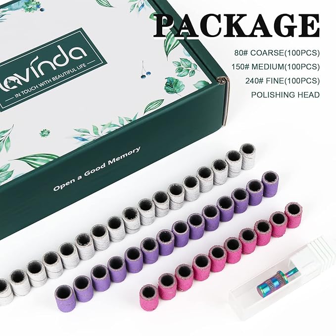 Lavinda Sanding Bands Nail Drill Bits 300Pcs Grits Electric File Nail Sanders Professional Drill Bits Set #80#150#240 Zebra Grinder Band Colorful 3/32" Mandrel Bit for Manicures Nail Drill Machine