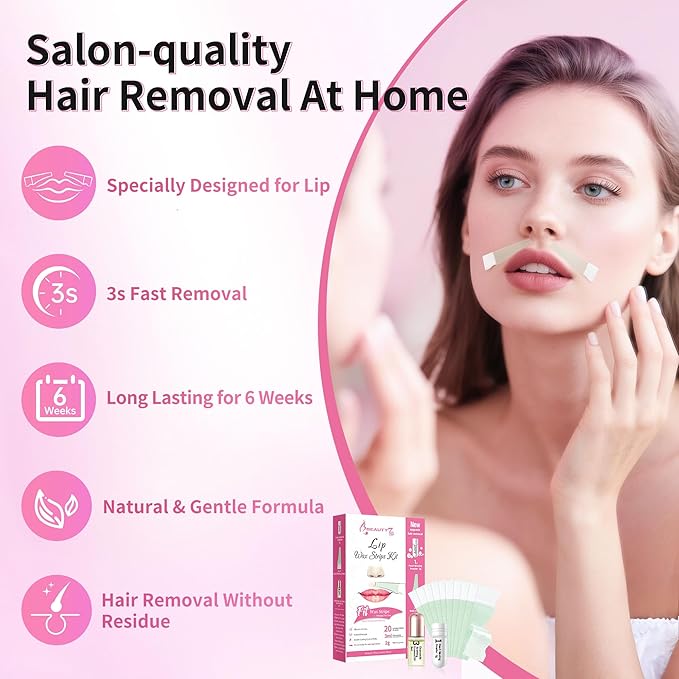 Beauty7 Lip Wax Strips Facial Wax Strips Hair Removal Wax Strips for Sensitive All Skin Types Women 20 pcs with Pearl Powder Essential Oil