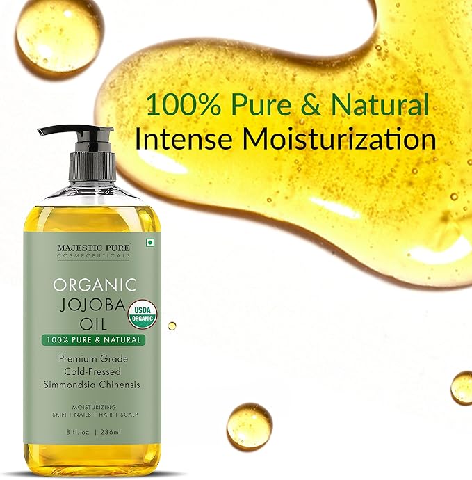Majestic Pure USDA Organic Jojoba Oil - 100% Pure & Natural - Premium Grade, Cold-Pressed, Hexane-Free Carrier Oil for Skin, Hair and Body - Moisturizing Skin, Hair and Scalp - 8 Fl Oz