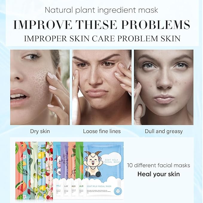 GUOYAOLIFU 10 Sheets Face Masks Skincare, Hydrating Face Masks Suitable for Sensitive Skin, Sheet Masks for All Skin Types, Bulk Facial Masks for Women Skincare, Face Mask for Spa