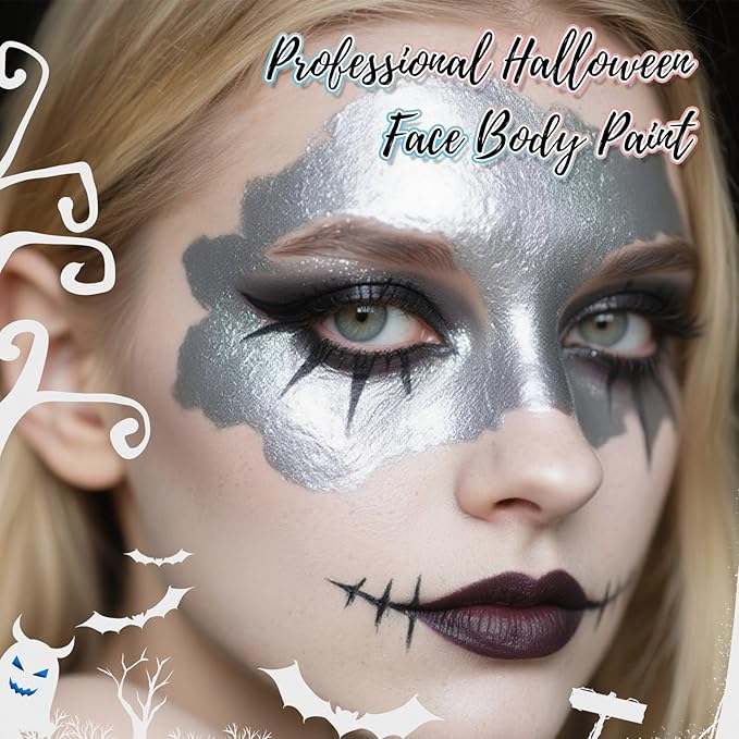 Silver Water Based Face Body Paint, 2.37 OZ Large Tube Full Coverage Face Paint for Skull Goth Cosplay, Washable Metallic Silver Body Painting Cream for Adult Carnival Halloween SFX Makeup