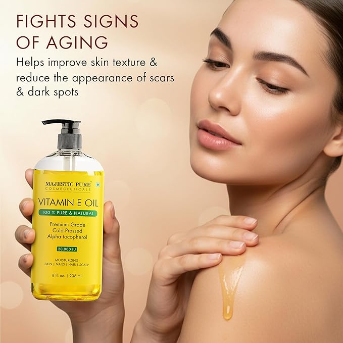 Majestic Pure Vitamin E Oil 8 Oz Vitamin E oil for Skin, Face Oil, Hair Oil and Body Oil- 100% Pure and Natural, 20,000 IU- Cold Pressed Hexane Free Non-GMO Gluten Free Formula