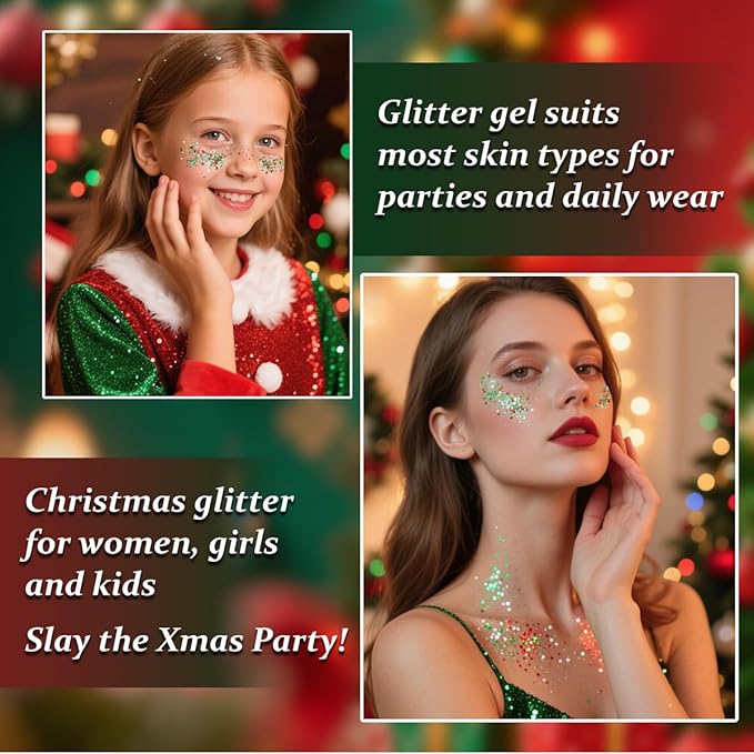 Mysense Christmas Glitter Stick for Face Hair Body, Red Silver Green Chunky Sparkling Glitter Makeup, Christmas Party Costume Accessories, Stocking Stuffers Gifts for Women Girls Kids, 0.56oz