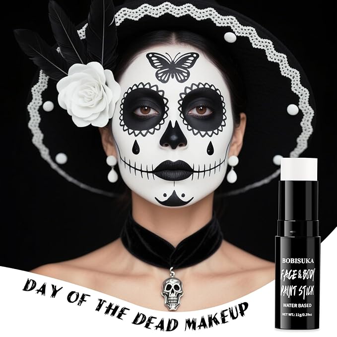 BOBISUKA White Face & Body Paint Stick Water-Based Washable Face Paint Makeup Stick for Halloween Clown, Joker, Skeleton, Zombie, Mime, Cosplay, SFX, Sports Eye Black & Costume Party