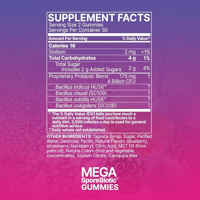 Microbiome Labs Spore Based Probiotic Gummies for Women, Men & Children - MegaSporeBiotic Gummies - 4 Bacillus Probiotics for Digestive Health & Microbiome Support - Berry Flavor (60 Gummies)