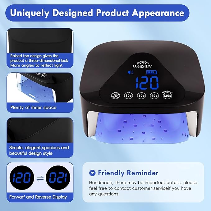Okasiuv UV LED Nail Lamp with UV Gloves,Magnetic Metal Mirror Base Cordless Nail Dryer, Gel Polish Curing Light with 4 Timers,Touch Control Display,Auto Sensor for Professional Salon & Home