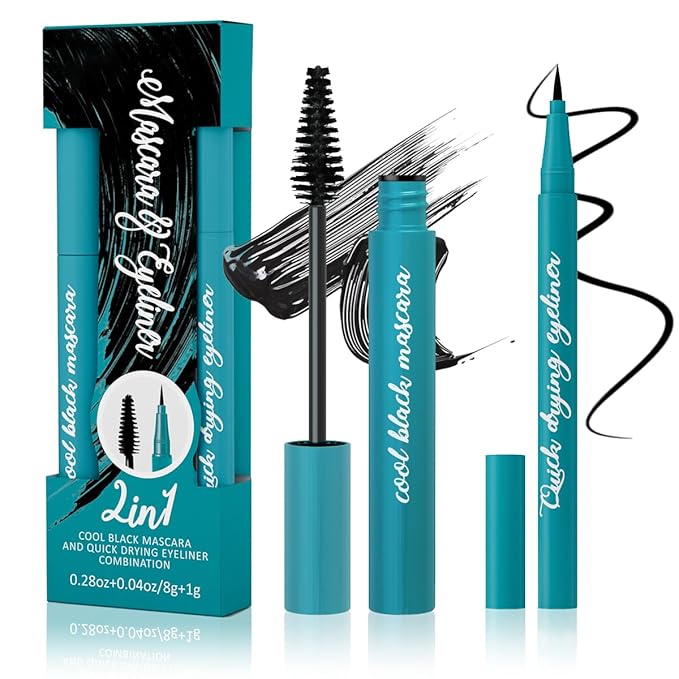 Cool Black Mascara And Quick Drying Eyeliner Set, Thickening Fiber Lash Mascara Extension Voluminous, Long-Lasting Waterproof Smudge-Proof Natural No Flaking/No Clumping