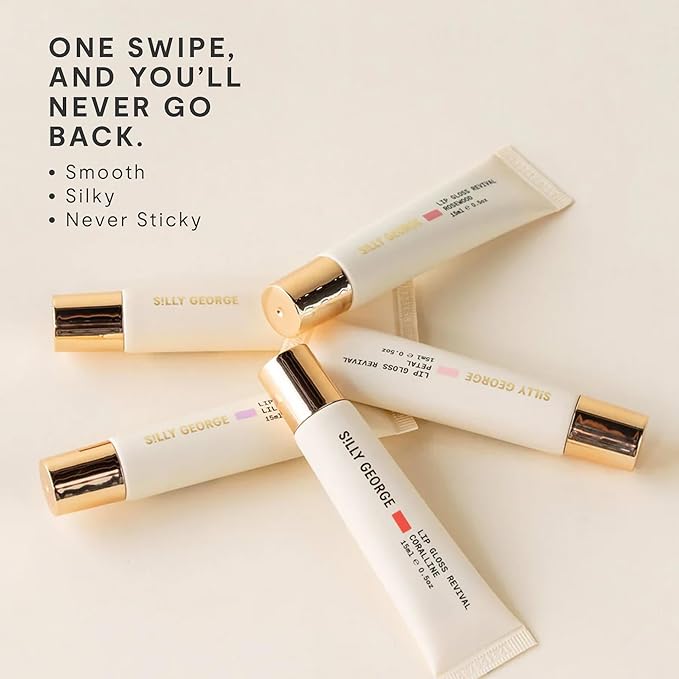 Silly George Lip Gloss Revival - Glossy Hydrating Glaze with Peptides, Shea Butter, & Moisturizing Argan, Macadamia, Babassu Oil for Dry Lips, Clean Beauty Products, Rosewood, 15ml Tubes