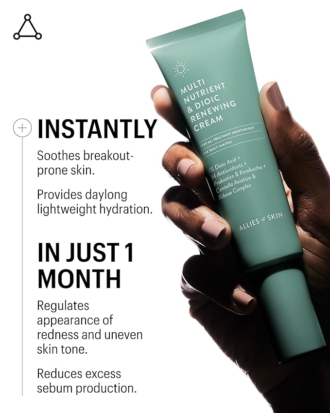 Allies of Skin Multi Nutrient & Dioic Renewing Face Cream | Balance and Hydrate Acne Prone Skin with Kombucha & Probiotics | Calm Redness, Breakouts and Even Skin Tone | 1.7 fl oz