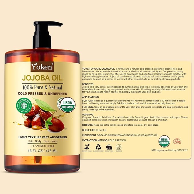 Pure Jojoba Oil Organic USDA Certified 16 fl oz, 100% Natural Jojoba Oil for Hair, Skin & Face, Cold Pressed Unrefined, Deeply Body Moisturizer Jojoba Carrier Oils for Essential oil Mixing