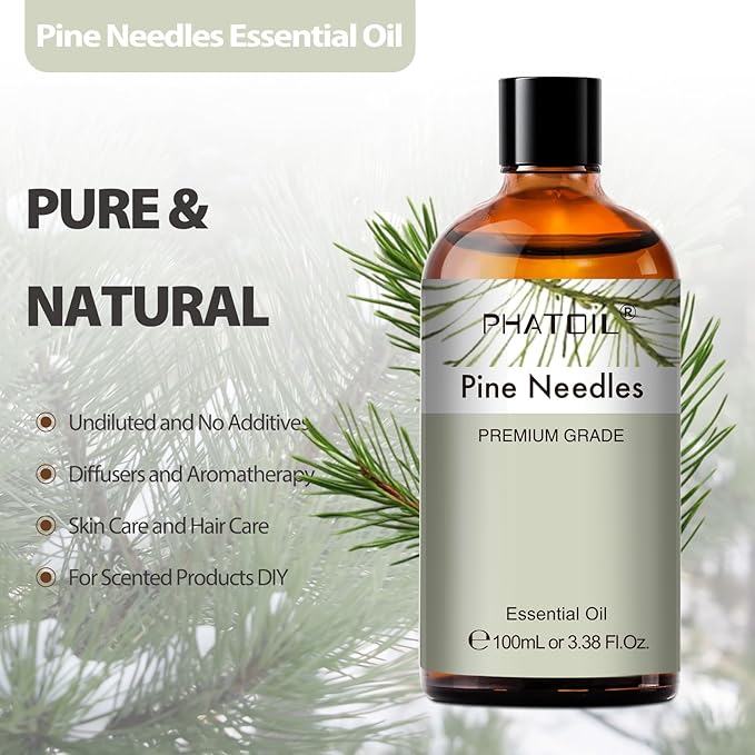 PHATOIL Natural Pine Needle Essential Oil - Pure Aromatherapy Oil for Home Freshening, Skin & Hair Care, DIY Candle, Soap Making 3.38Fl Oz