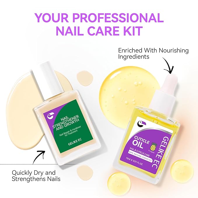 Gelike EC 2-in-1 Nail Rescue Kit: Apricot Nail Nail Growth Treatment & Pineapple Cuticle Oil (15ml) - Tropical Scented Nail Care - Strengthens & Brightens - Travel-Friendly Mini Size