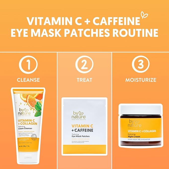 By Nature Vitamin C + Caffeine Brightening + Hydrating Under Eye Mask Patches - Energizing + Replenishing Eye Patches for Dark Circles - Skincare from New Zealand - Under Eye Patches - 5 Pairs