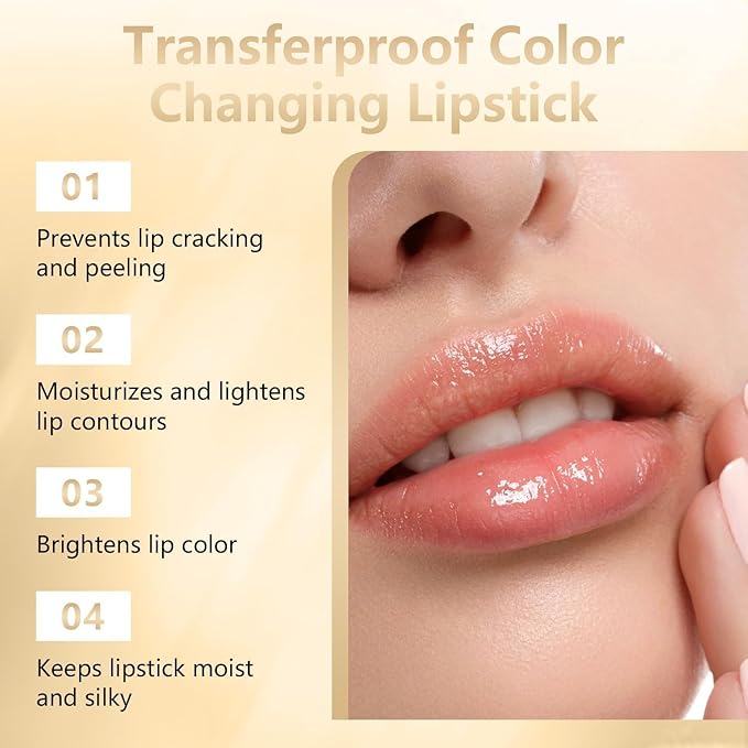 2PCS Transferproof Color Changing Lipstick, Clear Gold Crystal Colors Changing Lipsticks for Women, Long Lasting Moisturizing Glossy Shine Lip Gloss, Deep Nourishment Formula