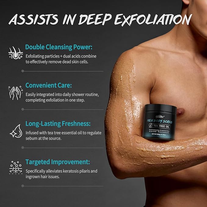 Men Body Scrub with Tea Tree Oil Exfoliating Body Scrub for Men Improve Odor Smooth Rough Skin Body Exfoliator Scrub for Back Chest Shoulders Butt Legs Mens Exfoliating Body Wash with 2% BHA 10% AHA