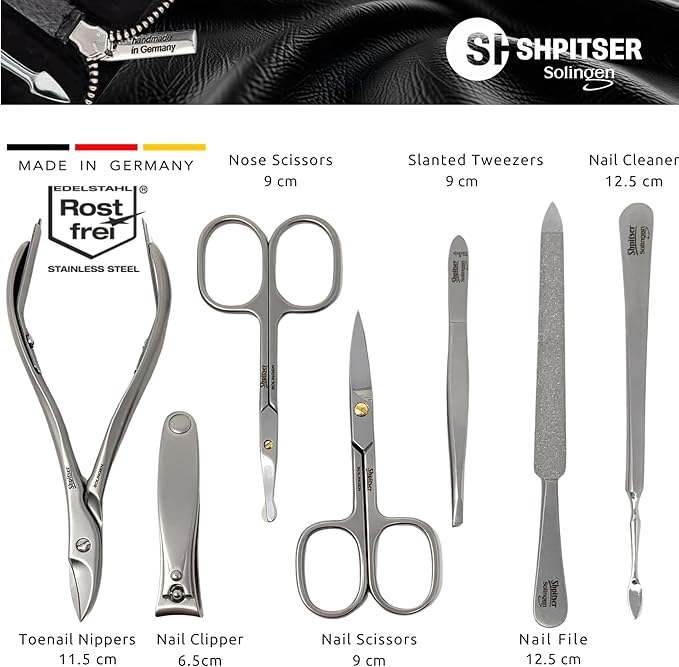 SHPITSER Professional 7pc TopInox Surgical Stainless Steel Tools Manicure Pedicure Set in Genuine Durable Leather Case Handmade in Solingen Germany for Nail and Cuticle and Nose Care