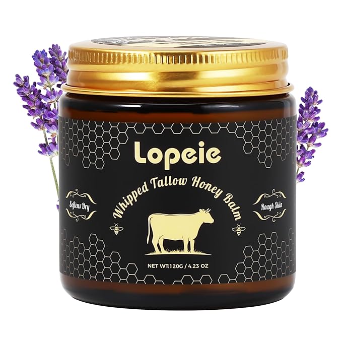Lopeie Upgraded 4.23 Oz Organic Beef Tallow for Skin & Face – Whipped Grass-Fed Tallow and Honey Balm for Dry, Sensitive Skin, Natural Hydrating Anti Aging Face Moisturizer with Raw Honey (Lavender)