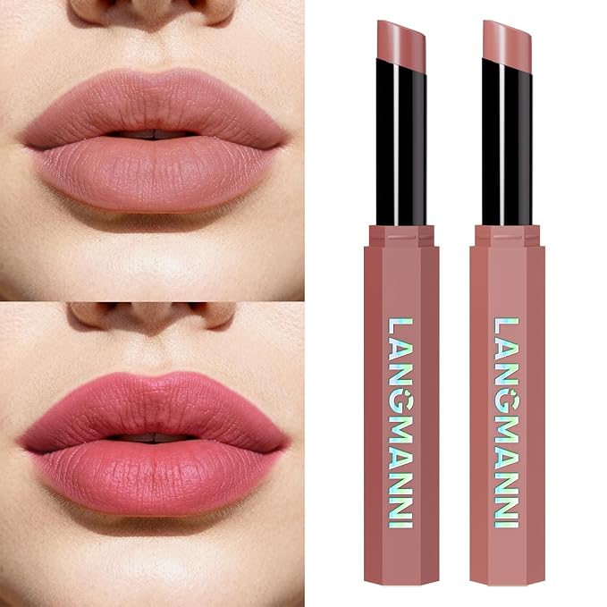 Jolilab 2Pcs Velvet Matte Lipstick Nude Matte Soft Dark Color Stick High Pigmented Long-Lasting Waterproof Lip Stick Lip Balm Beauty Cosmetics Gift for Women(#01+02)
