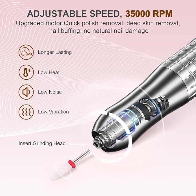 Professional Cordless Nail Drill and UV Light, 35000 RPM Electric Nail File Acrylic Gel Dip Powder Nail Tools, Portable Rechargeable Nail Pedicure Kit for Home & Travel, Gray(KY-9GJ)
