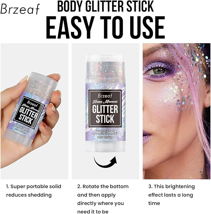 Brzeaf Waterproof Mermaid Glitter Stick, Shimmery& Long Lasting, Christmas Hair Eyeshadow Face Body Glitter, Singer Concert Music Rave Festival, Glitter Stick Makeup & Face Glitter Gel for Women Men