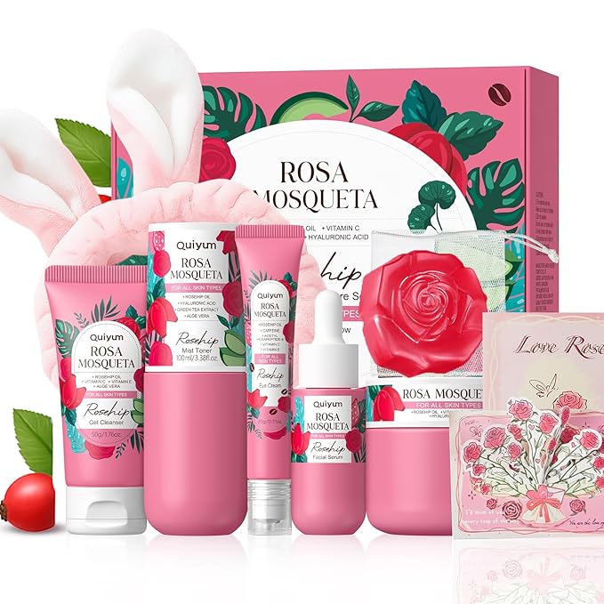 Rosehip Skin Care Sets, Rosehip & Vit-E Skincare Kits, Restore Skin Elasticity, Refine Texture, Even Tone, Moisturizing, for All Skin Types, Valentine's Day Birthday Gift, Luxurious 6PCS