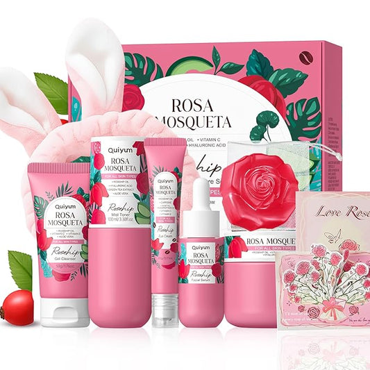Rosehip Skin Care Sets, Rosehip & Vit-E Skincare Kits, Restore Skin Elasticity, Refine Texture, Even Tone, Moisturizing, for All Skin Types, Valentine's Day Birthday Gift, Luxurious 6PCS