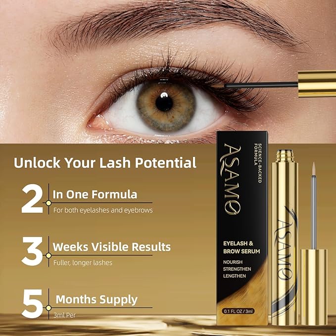 ASAMO Eyelash & Eyebrow Growth Serum - 2-in-1 Lash & Brow Enhancer for Longer, Thicker, Fuller Looking Lashes - Advanced Peptide Formula, Vegan & Cruelty-Free, Safe for Sensitive Eyes - 3ml