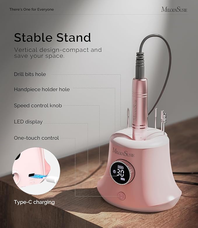MelodySusie Multifunctional Upgraded Desktop Cordless Nail Drill with Bit Holders, SC320G 30000RPM E-File with Elegant Design for All Manicure Shaping & Gel Removal, Ideal for Nail Artists & Home Use